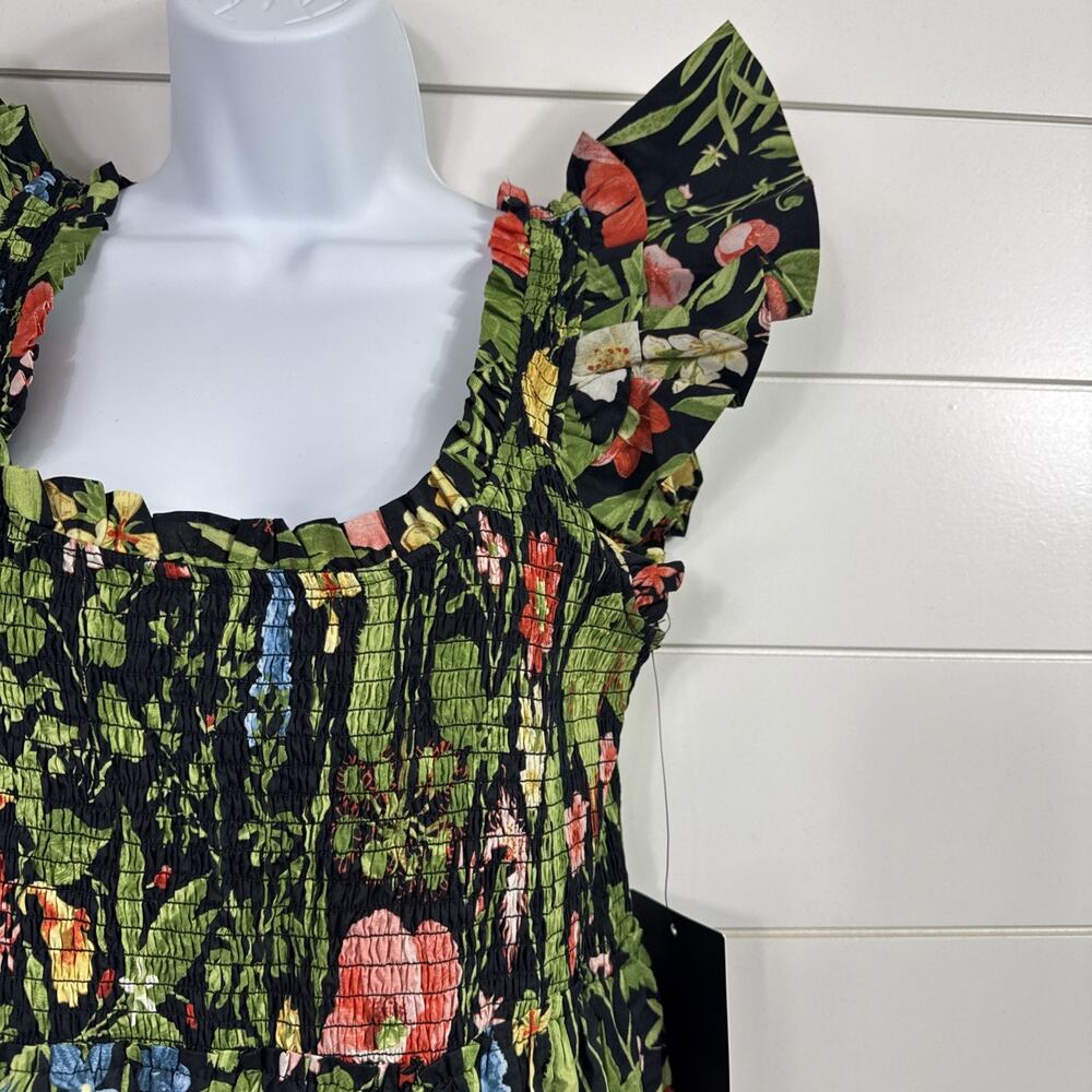 Tuckernuck Mallie Smocked Midi Dress Black Blooming Botanical Print sz L - Picture 4 of 7